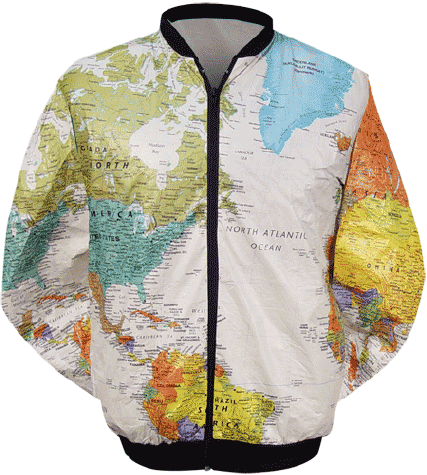 This colorful world map jacket, with an up-to-date map is made from washable 